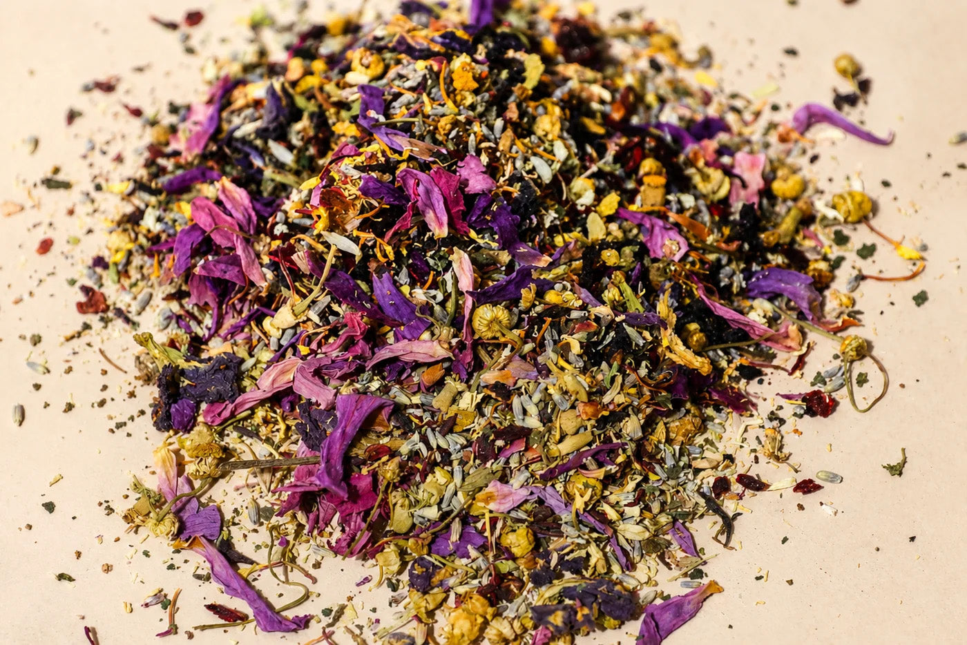 Loose leaf blue lotus tea with chamomile and lavender flowers
