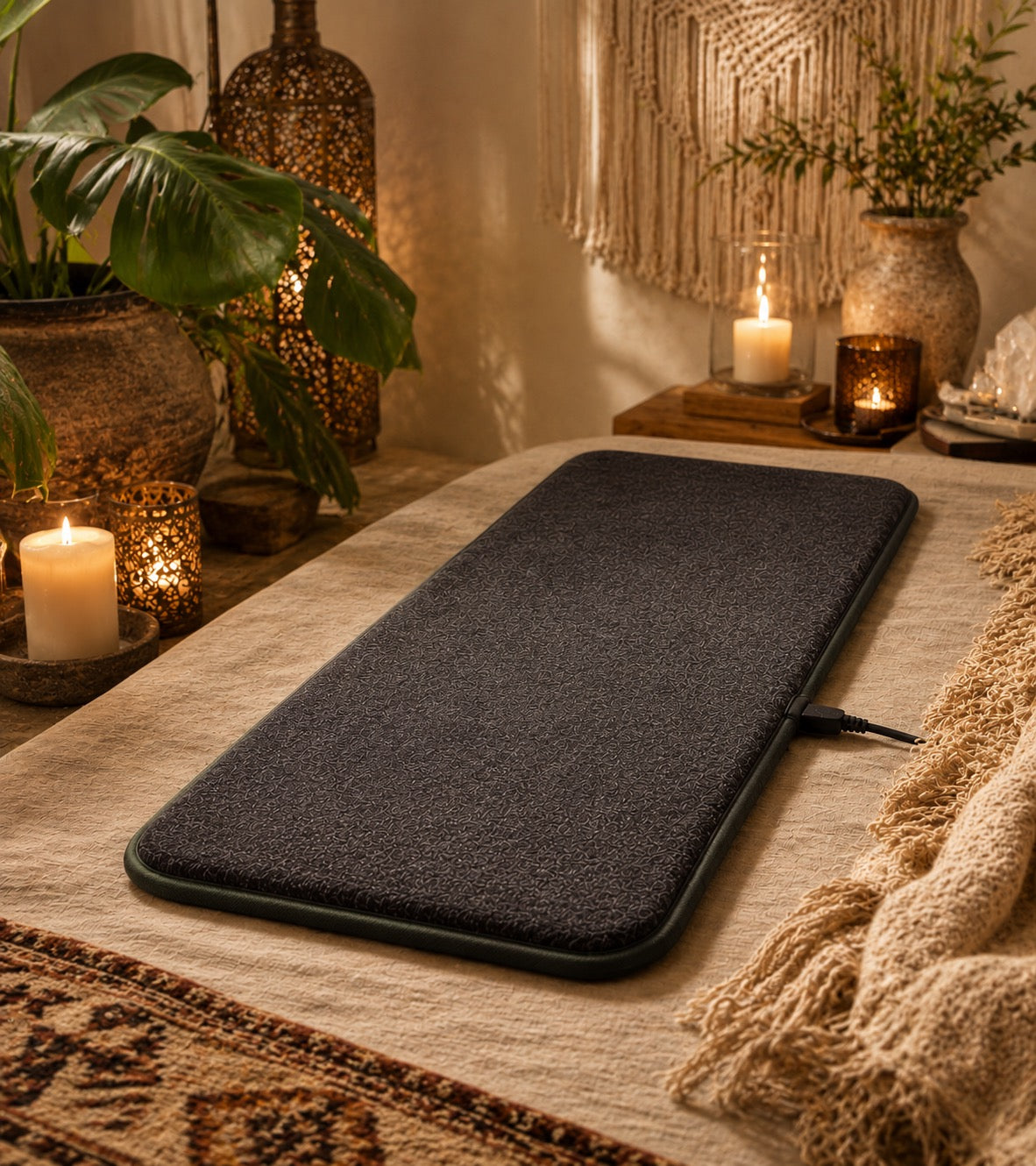PEMF Black heating pad on a table with candles and plants in a warm setting