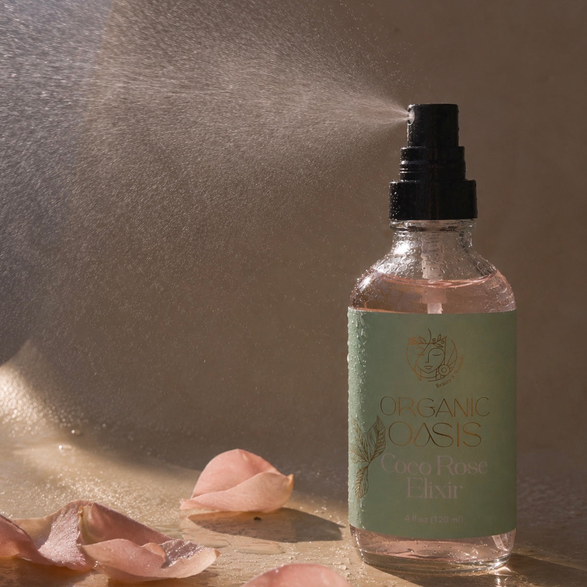 Rose water facial mist bottle with rose petals