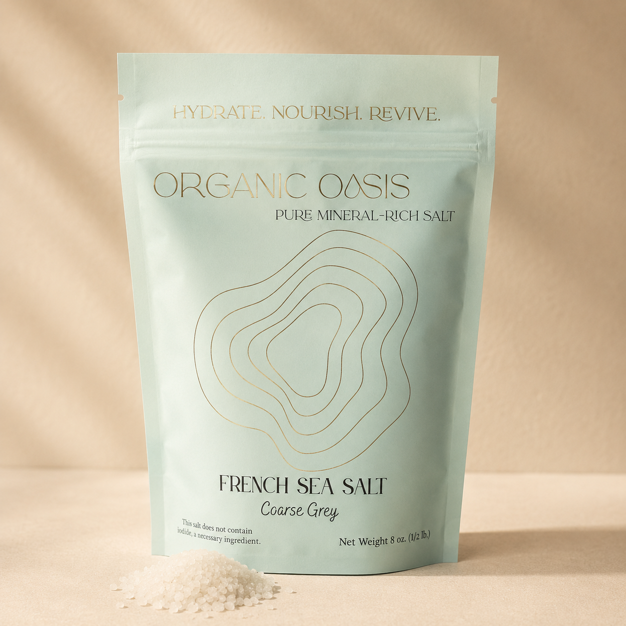 Package of Organic Oasis French Sea Salt on a beige background