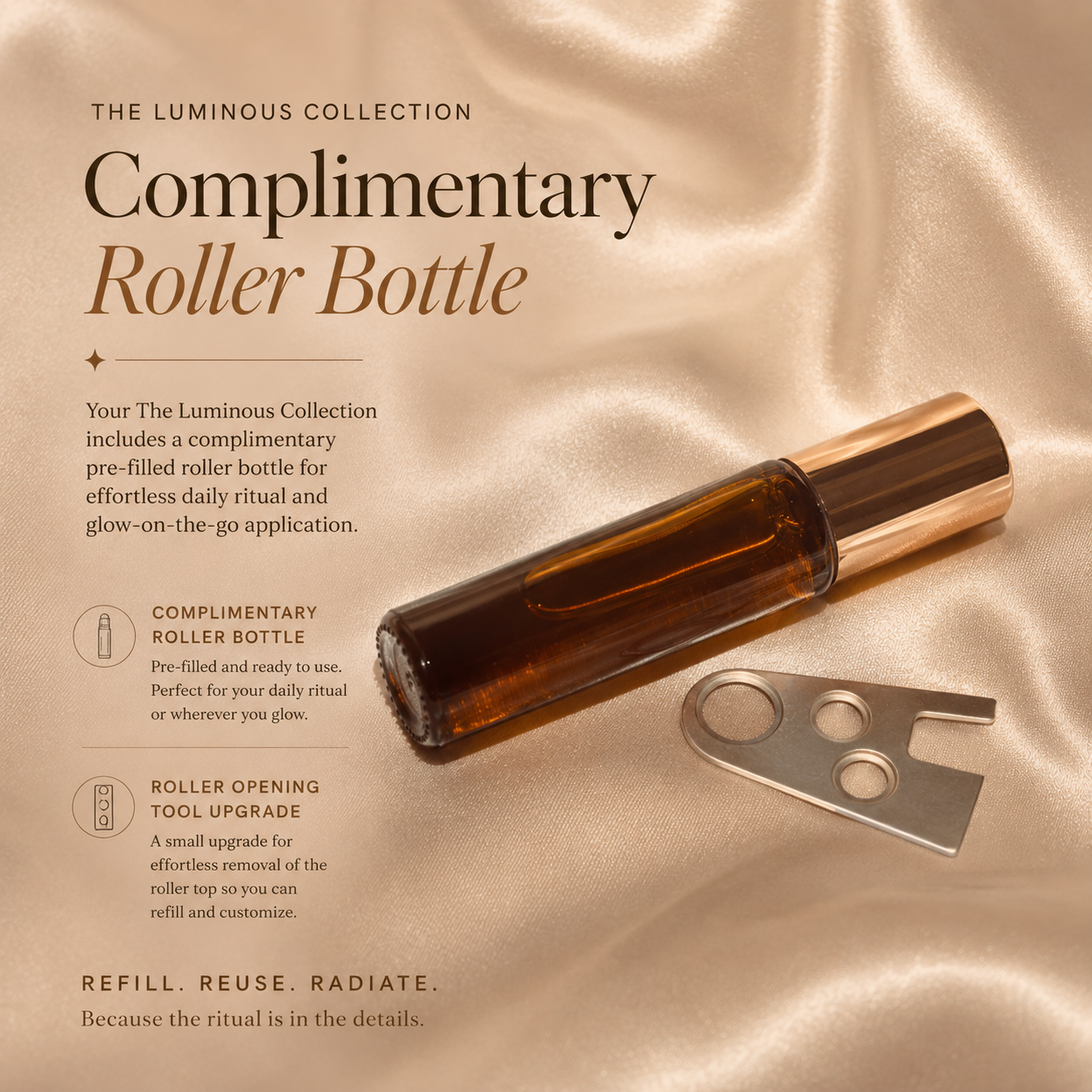 Brown roller bottle with gold cap on a beige fabric background, featuring text about The Luminous Collection.