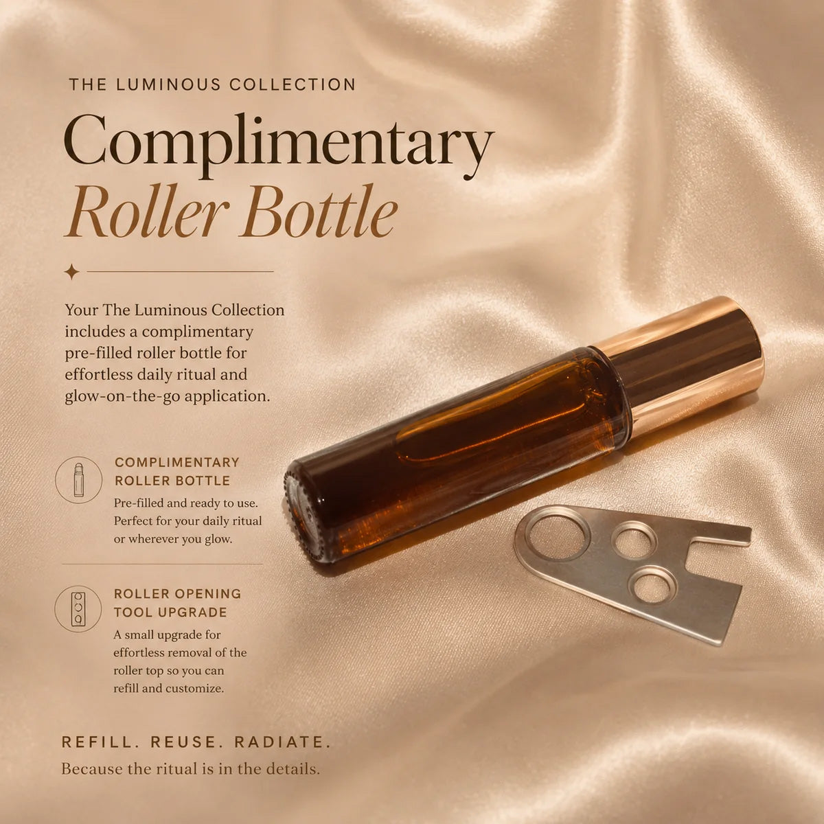 Brown roller bottle with gold cap on a beige fabric background, featuring text about The Luminous Collection.