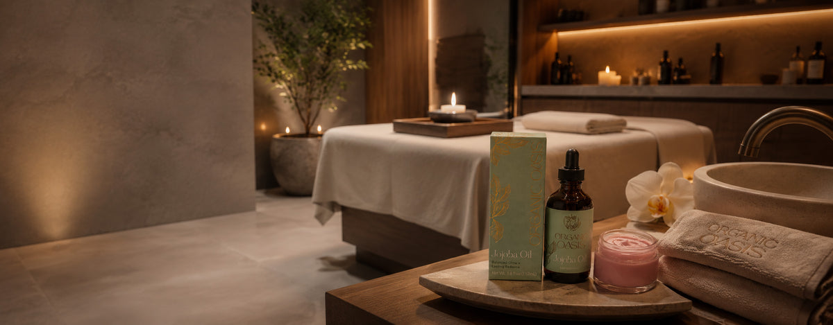 Organic Oasis spa treatment room in Largo, Florida with warm lighting and skincare products

